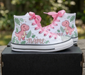 Custom Pink Dino T Rex High-Top Sneakers Shoes Personalized with Name, Ribbon Laces & Rhinestones Birthday Parties Everyday Gift