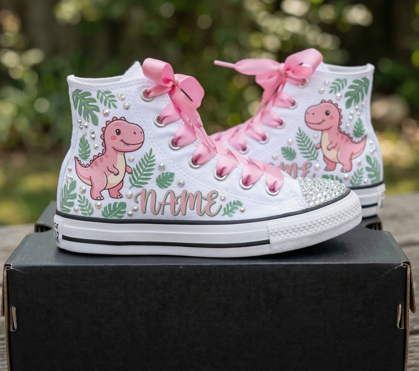Custom Pink Dino T Rex High-Top Sneakers Shoes Personalized with Name, Ribbon Laces & Rhinestones Birthday Parties Everyday Gift
