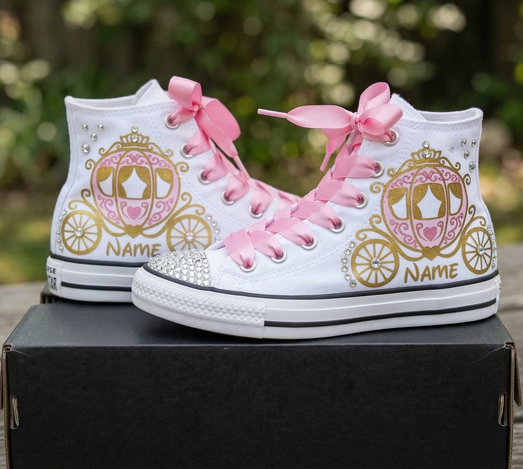 Custom Princess Carriage Pink Gold High-Top Sneakers Shoes Personalized with Name, Ribbon Laces & Rhinestones Birthday Parties Everyday Gift