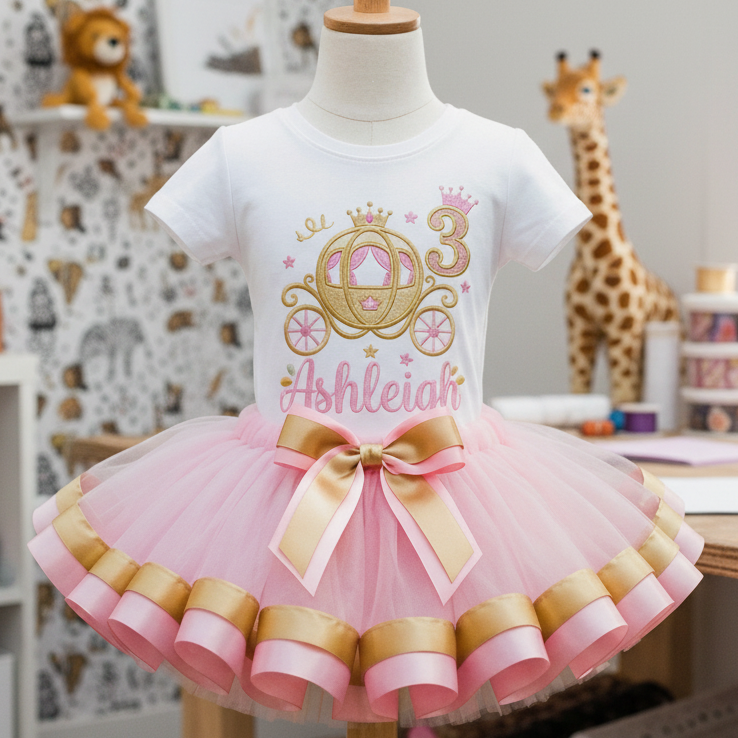 Princess Carriage Pink Gold Tutu Set Girls Personalized Custom Tutu Outfit Dress Theme Cake Smash Birthday Party