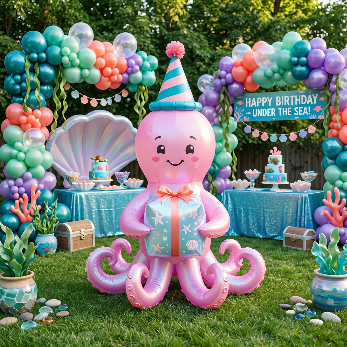 5' Pink Octopus with Birthday Hat and Present Yard Birthday Inflatable Blow Up Decor Prop