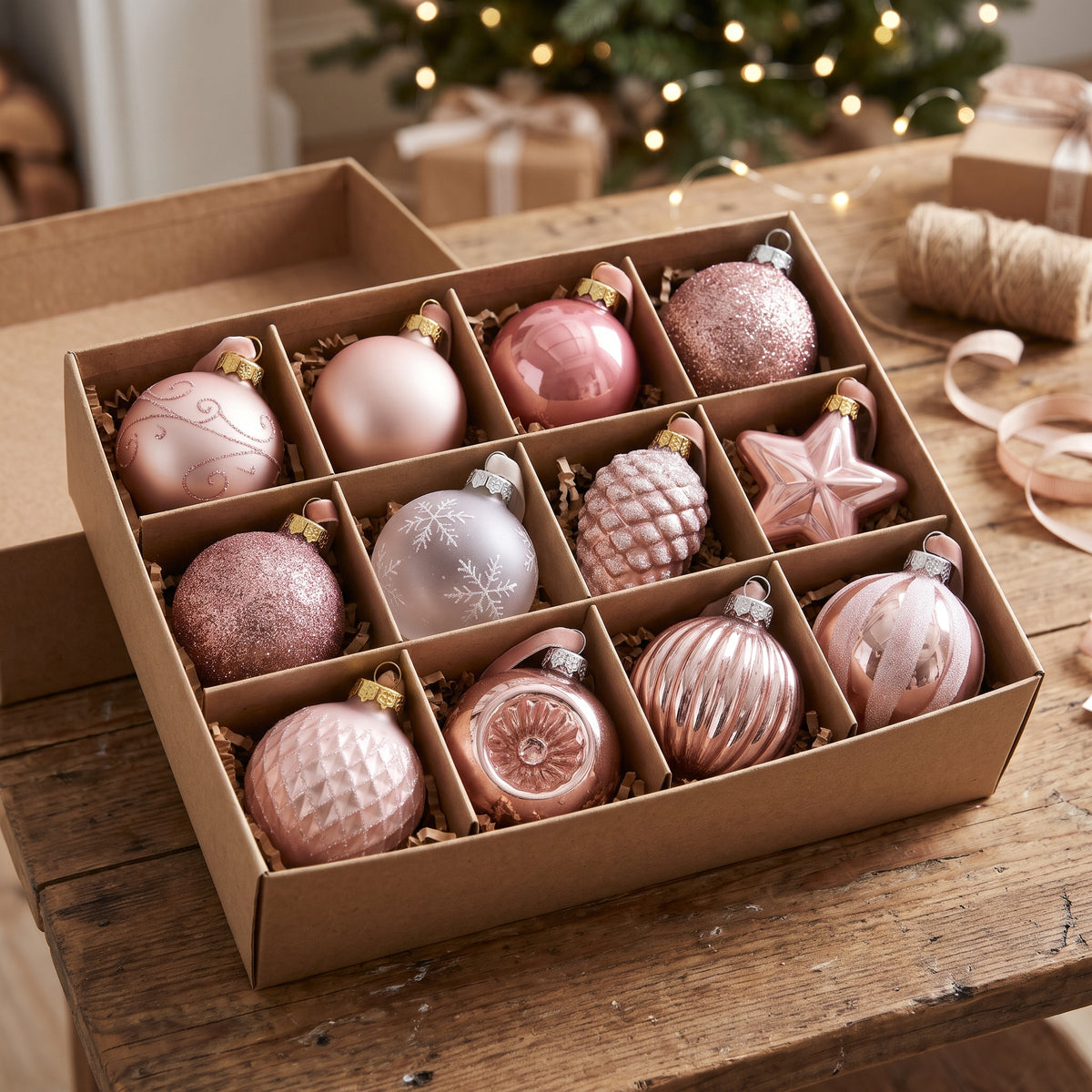 12-Piece Assorted Blush Pink and Rose Gold Luxury Shatterproof Holiday Ornament Set Christmas Decor