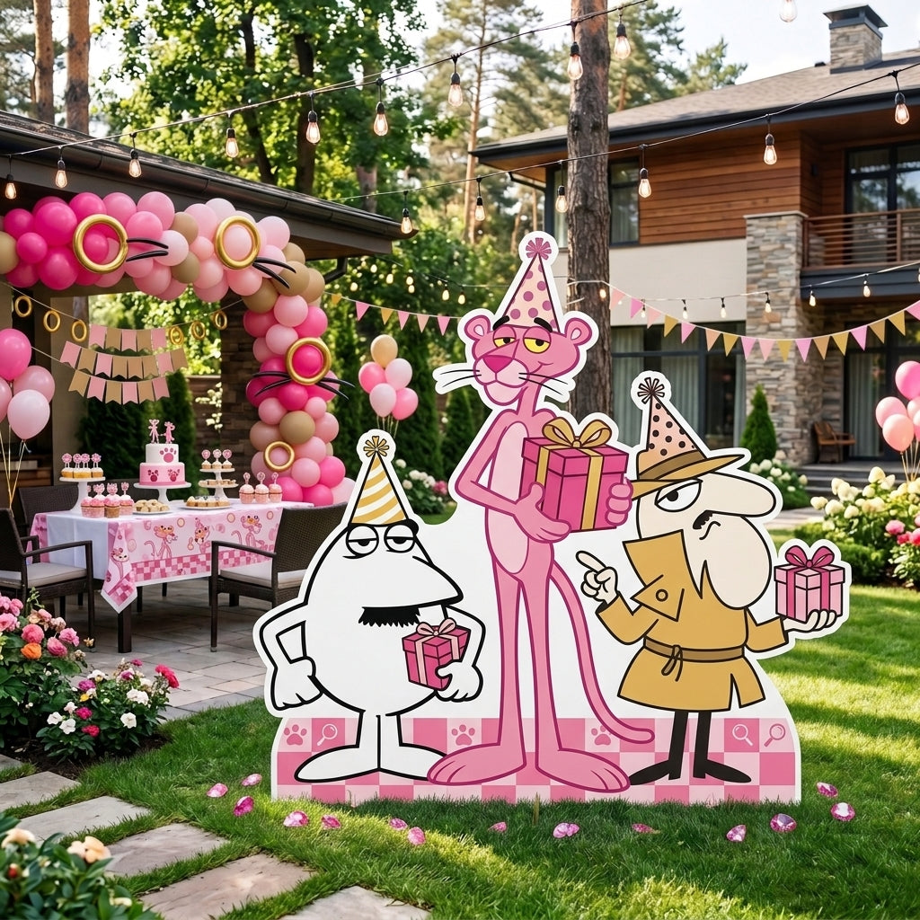 Life Size Pink Panther Group Character Premium Freestanding Cutouts Yard Sign Decor Party Prop