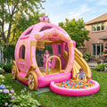 Play Bounce House Jumping Playhouse area with Slide and Ball Pit Pink Gold Princess Carriage Castle Theme