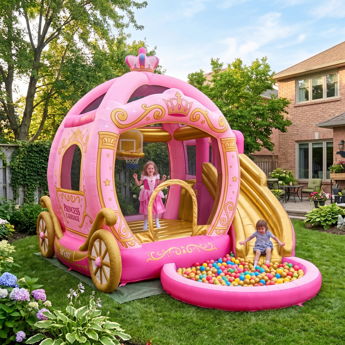 Play Bounce House Jumping Playhouse area with Slide and Ball Pit Pink Gold Princess Carriage Castle Theme