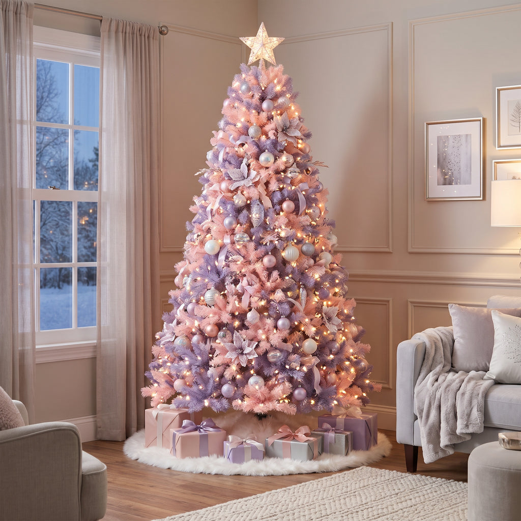 7-Foot Pre-Lit Two-Tone Pastel Pink and Lavender Purple Artificial Christmas Tree Life Size Christmas Decor
