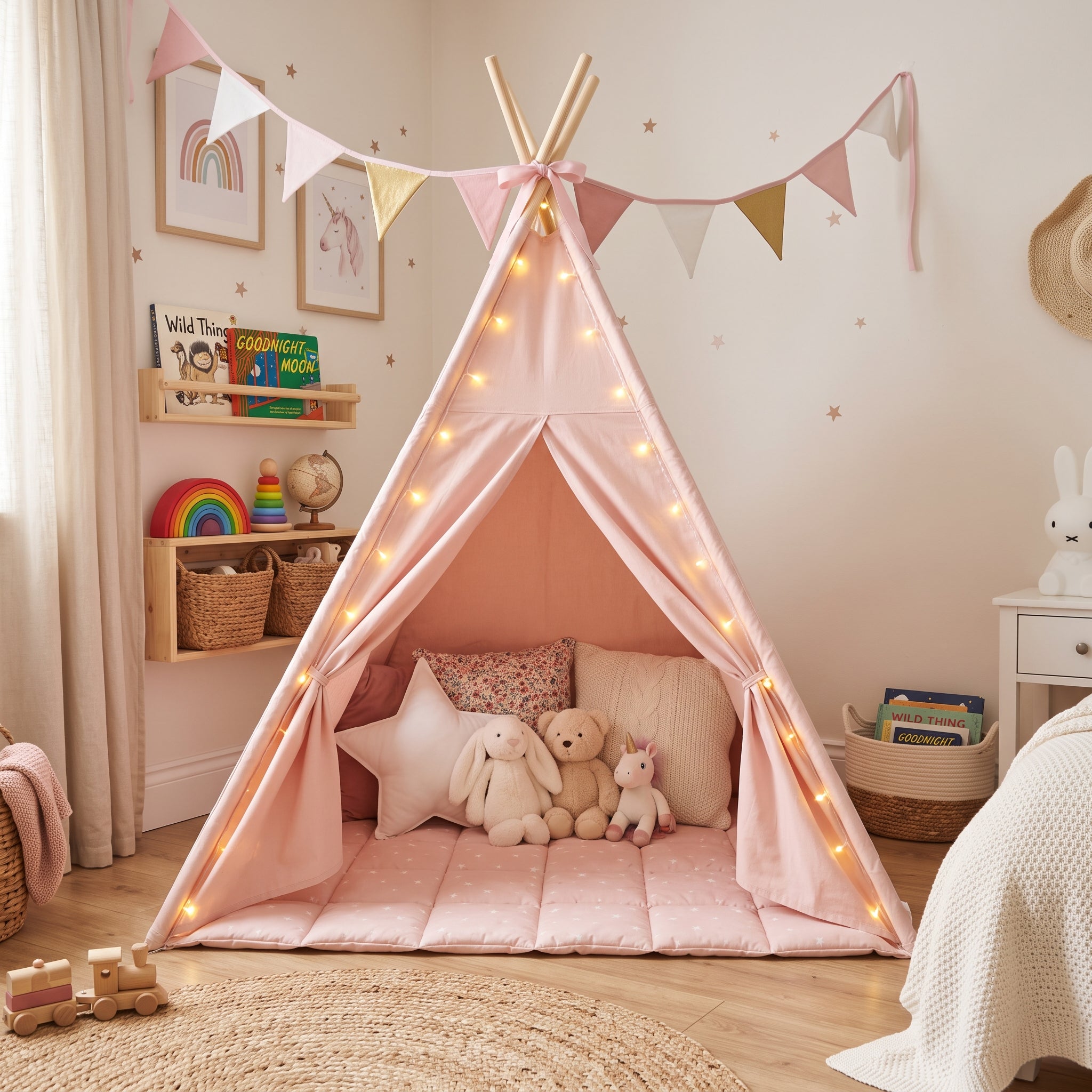 Pink Kids Teepee Play Tent with String Lights & Thick Padded Mat Tipi Playhouse Bedroom Playroom Decor
