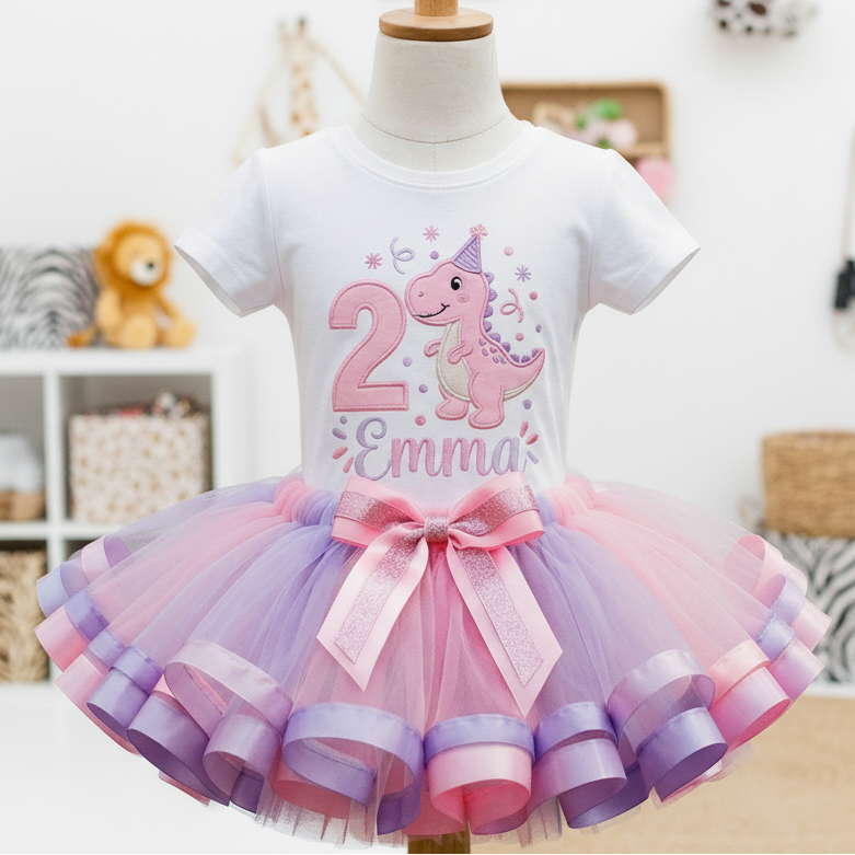 Pink T Rex Dino Tutu Set Girls Personalized Custom Tutu Outfit Dress Theme Cake Smash Birthday Party