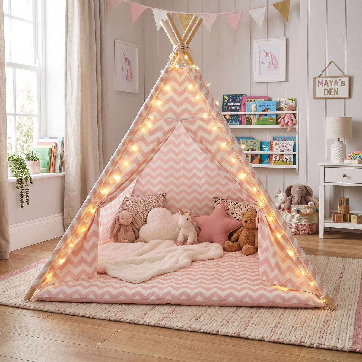 Light Pink & White Chevron Kids Teepee Play Tent with String Lights & Thick Padded Mat Tipi Playhouse Bedroom Playroom Decor