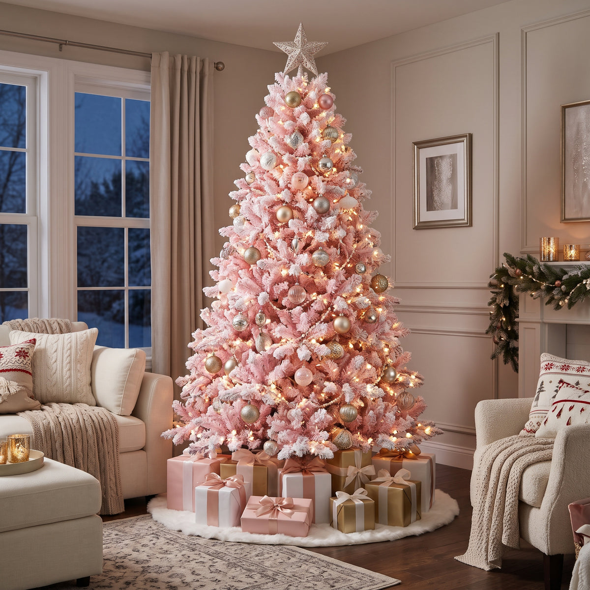 7-Foot Pre-Lit Frosted Blush Pink Artificial Christmas Tree Life Size Christmas Decor