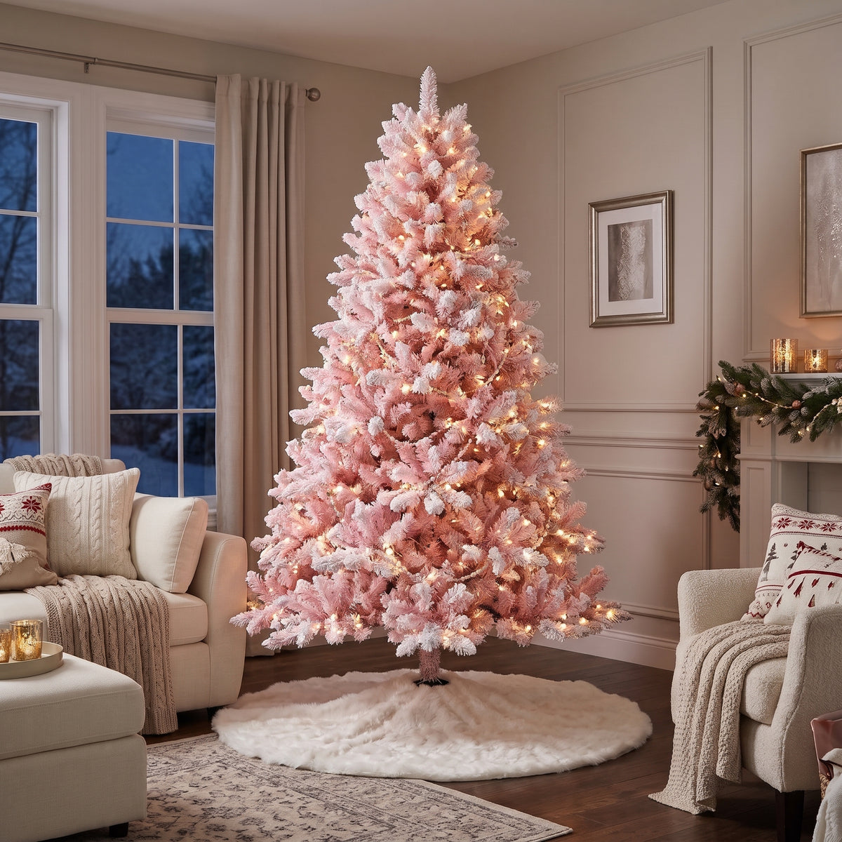 7-Foot Pre-Lit Frosted Blush Pink Artificial Christmas Tree Life Size Christmas Decor