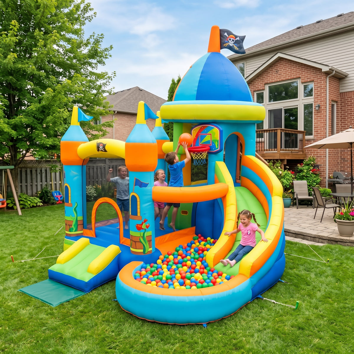 Play Bounce House Jumping Playhouse area with Slide and Ball Pit Pirate Theme