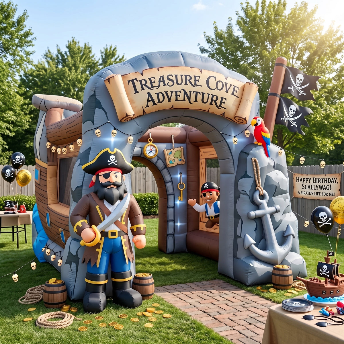 Swashbuckling Pirate Theme Premium 10' x 10' Birthday House Inflatable Blow Up Walk-Through Archway Experience Decor Prop