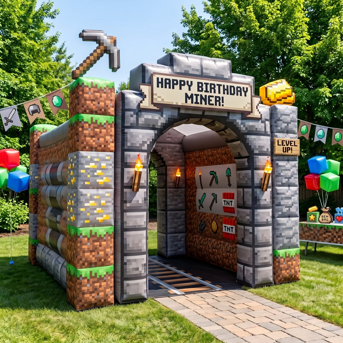 Pixel Block Miner Theme Premium 10' x 10' Birthday House Inflatable Blow Up Walk-Through Archway Experience Decor Prop