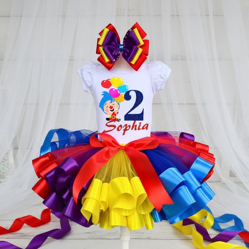 Plim Plim Clown Tutu Set Girls Personalized Custom Rainbow Ribbon Sewn Trim Tutu Outfit Dress Theme Cake Smash Birthday Party