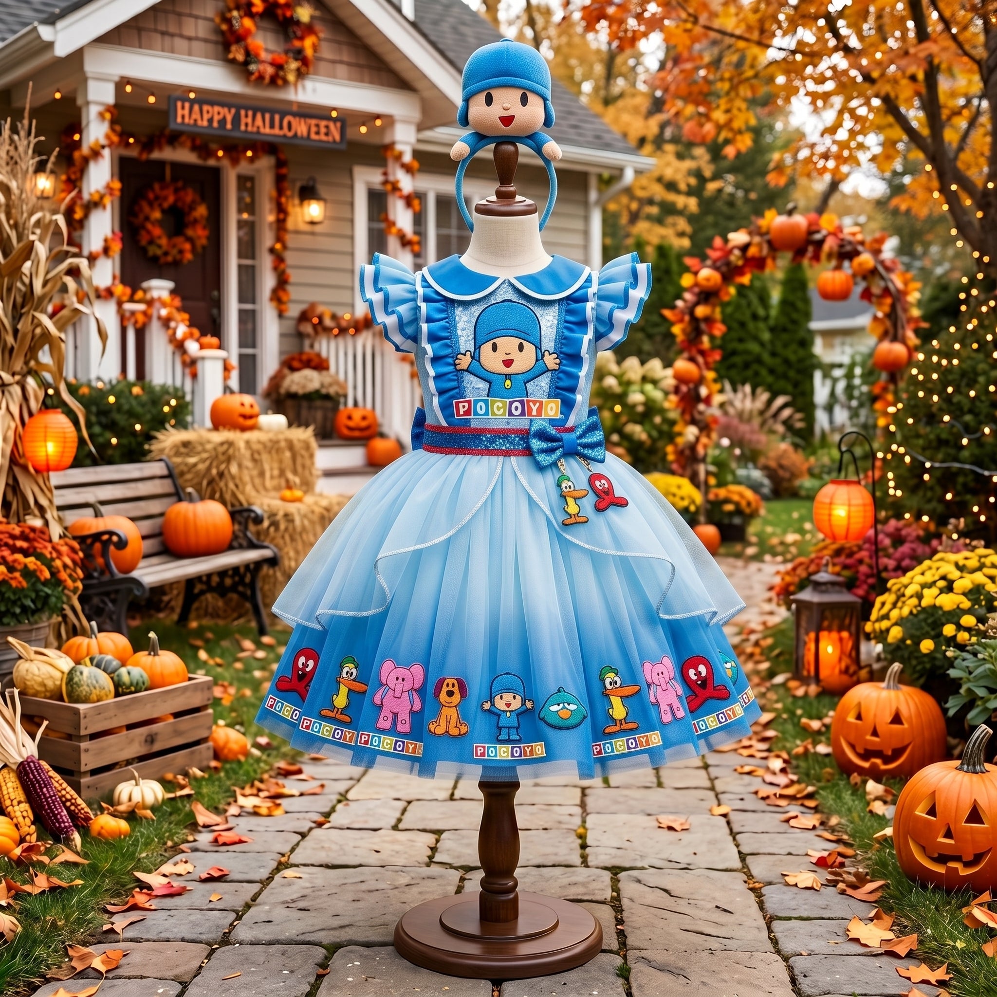 Pocoyo Girls' Deluxe Sparkle Tutu Party Costume Dress Set with Matching Headband Halloween Birthday Pageant