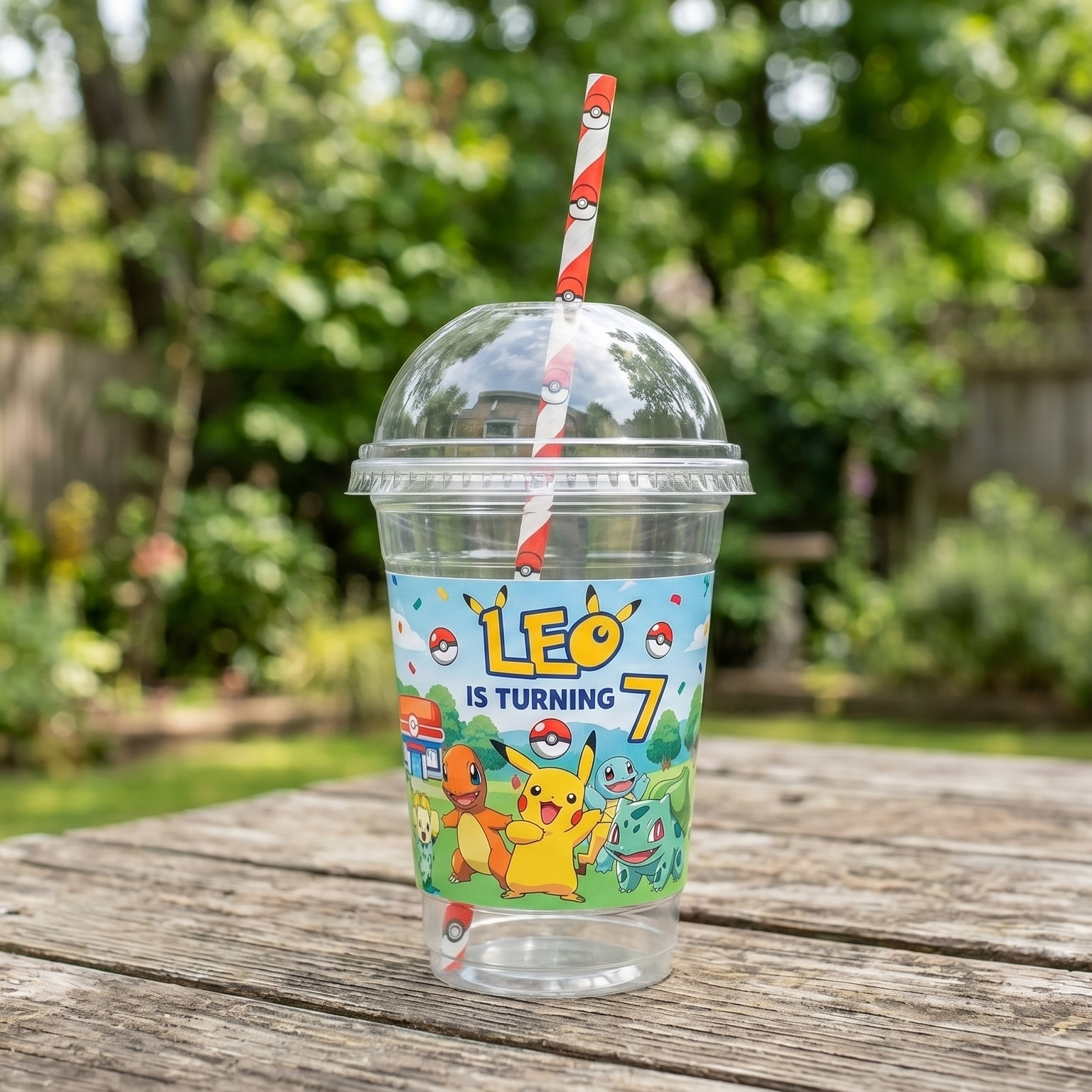 (Pack of 6) Pokemon Custom Personalized Birthday Party 16 oz Cups with Dome Lids & Straws