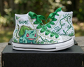 Custom Pokemon Bulbasaur High-Top Sneakers Shoes Personalized with Name, Ribbon Laces & Rhinestones Birthday Parties Everyday Gift