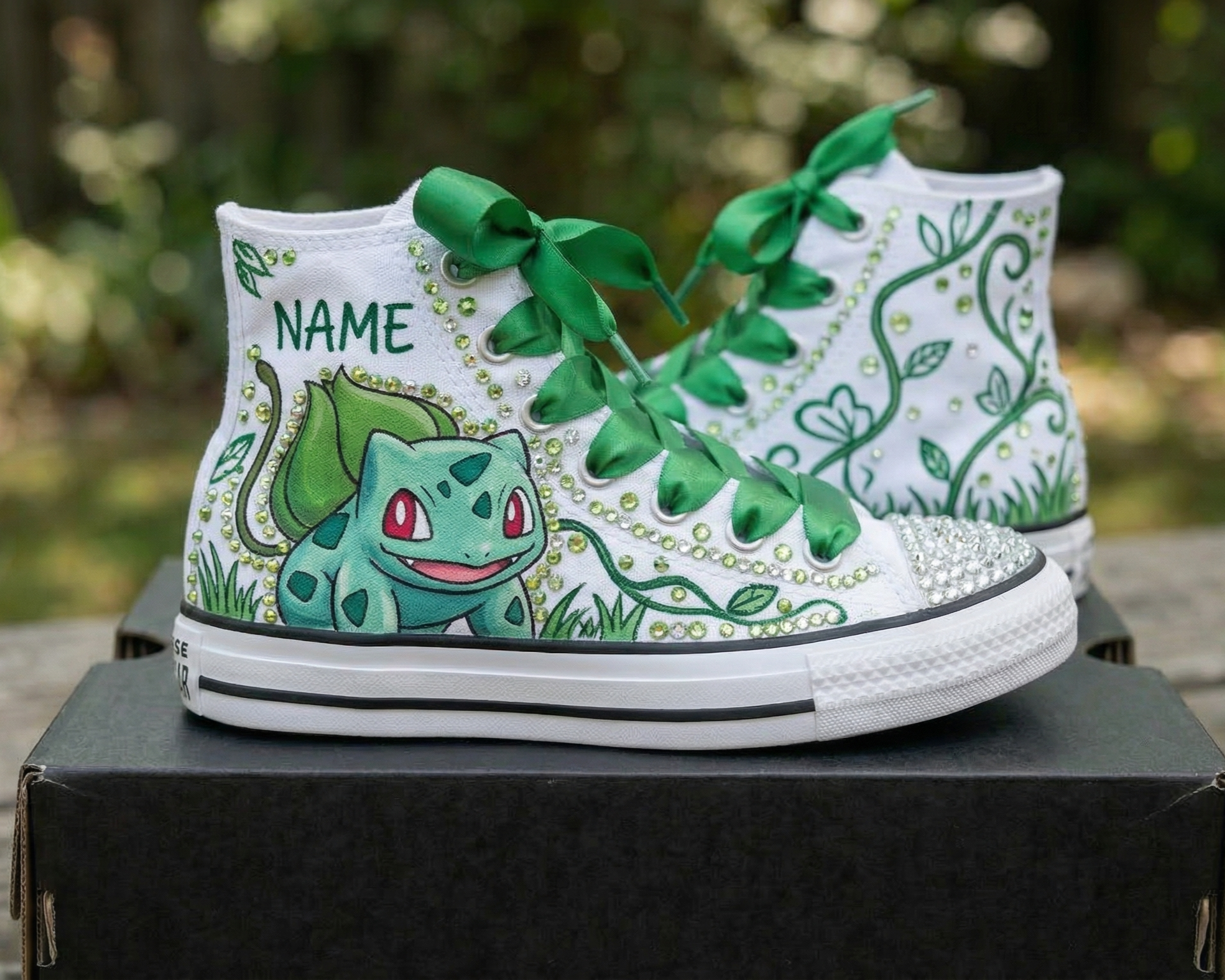 Custom Pokemon Bulbasaur High-Top Sneakers Shoes Personalized with Name, Ribbon Laces & Rhinestones Birthday Parties Everyday Gift