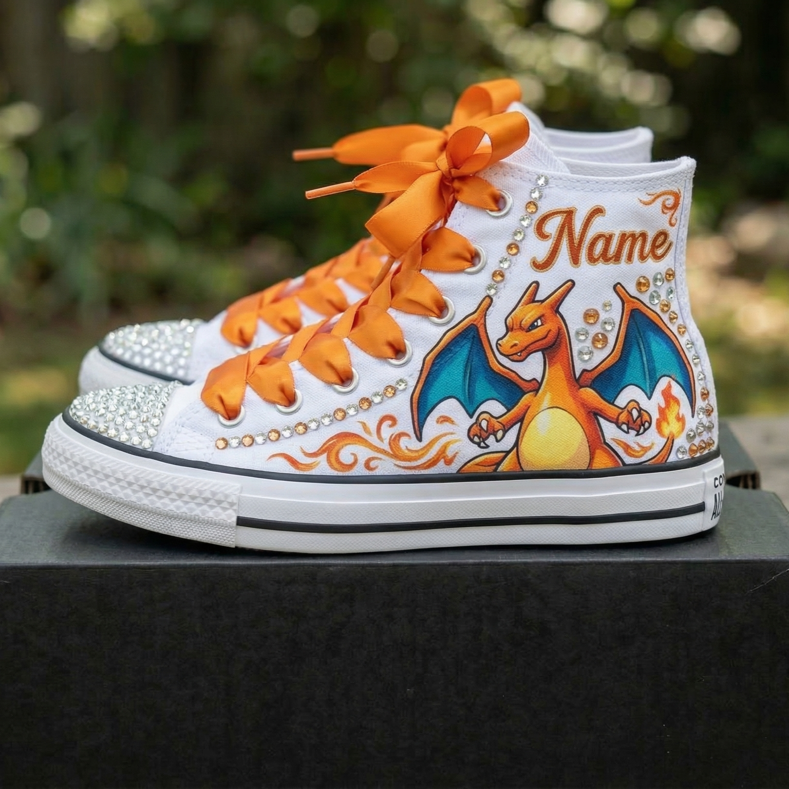 Custom Pokemon Charizard High-Top Sneakers Shoes Personalized with Name, Ribbon Laces & Rhinestones Birthday Parties Everyday Gift