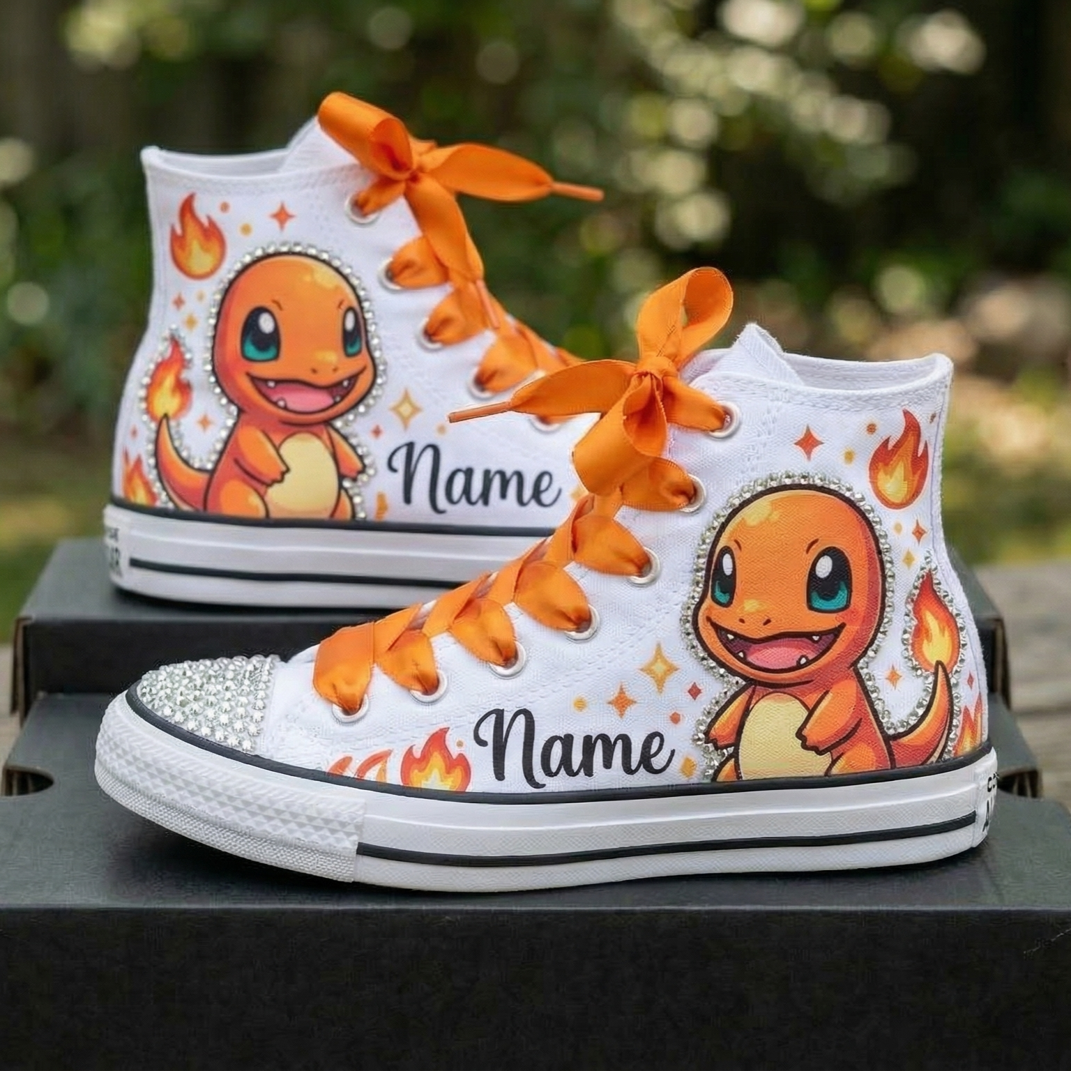 Custom Pokemon Charmander High-Top Sneakers Shoes Personalized with Name, Ribbon Laces & Rhinestones Birthday Parties Everyday Gift