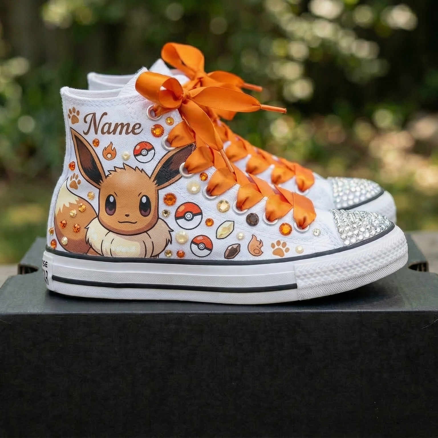 Custom Pokemon Eevee High-Top Sneakers Shoes Personalized with Name, Ribbon Laces & Rhinestones Birthday Parties Everyday Gift