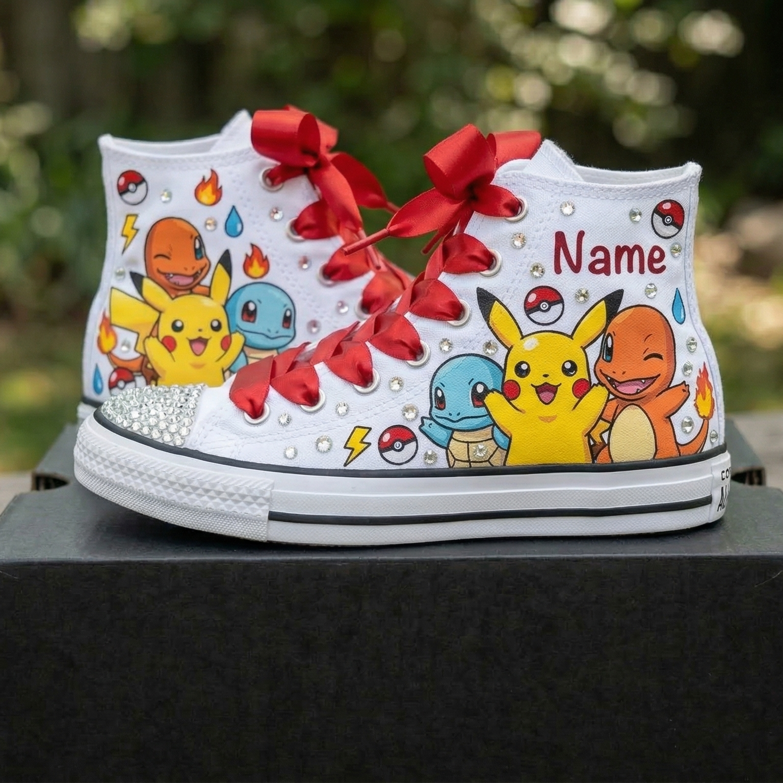 Custom Pokemon High-Top Sneakers Shoes Personalized with Name, Ribbon Laces & Rhinestones Birthday Parties Everyday Gift