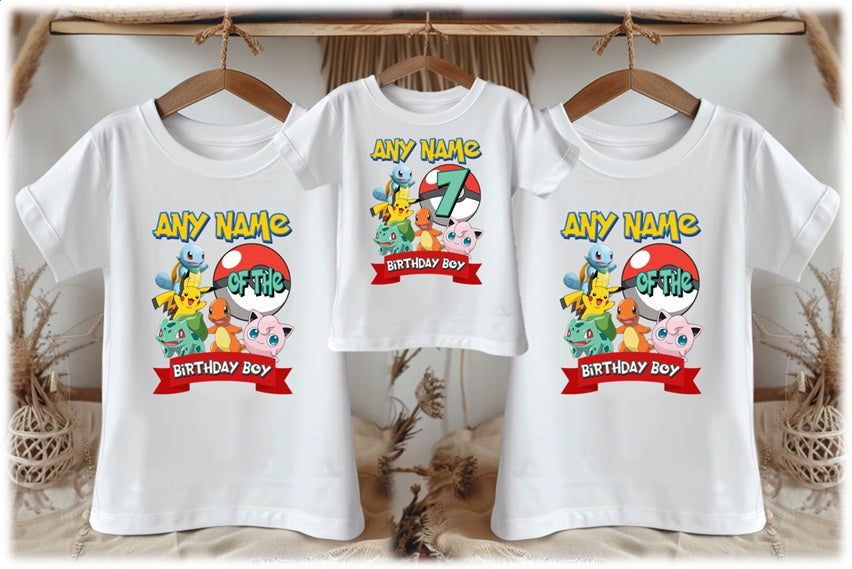 Pokemon Group Personalized Custom White Family T-Shirt or Onesie Pack Theme Cake Smash Birthday Party