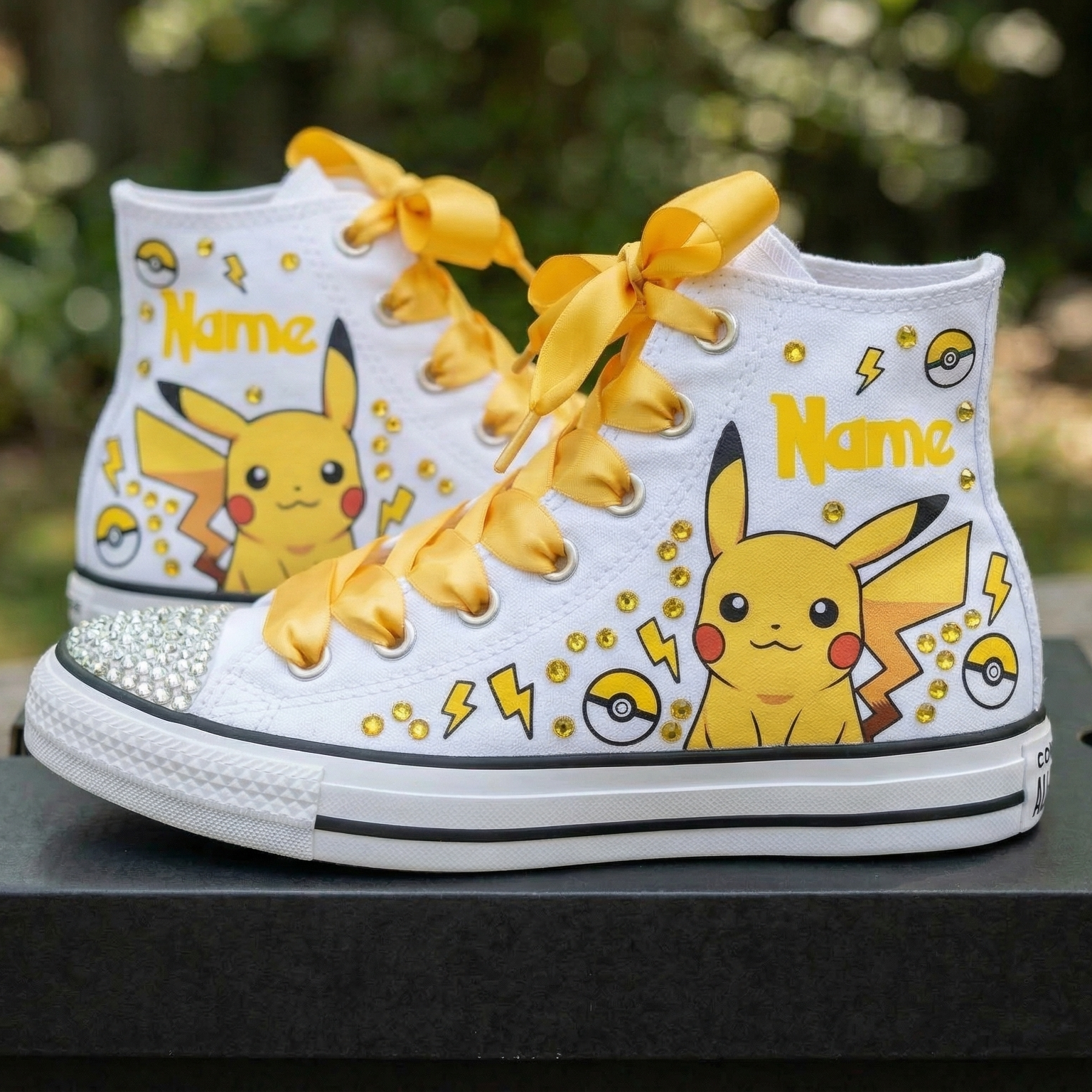 Custom Pokemon Pikachu High-Top Sneakers Shoes Personalized with Name, Ribbon Laces & Rhinestones Birthday Parties Everyday Gift
