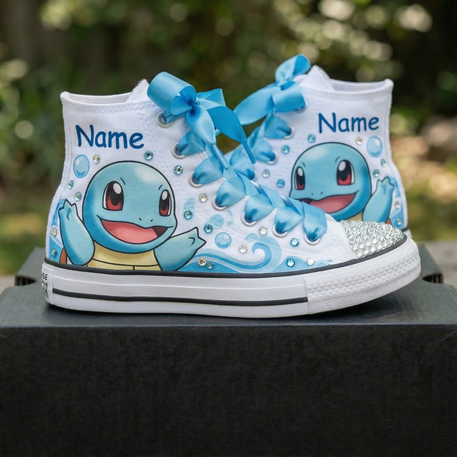 Custom Pokemon Squirtle High-Top Sneakers Shoes Personalized with Name, Ribbon Laces & Rhinestones Birthday Parties Everyday Gift