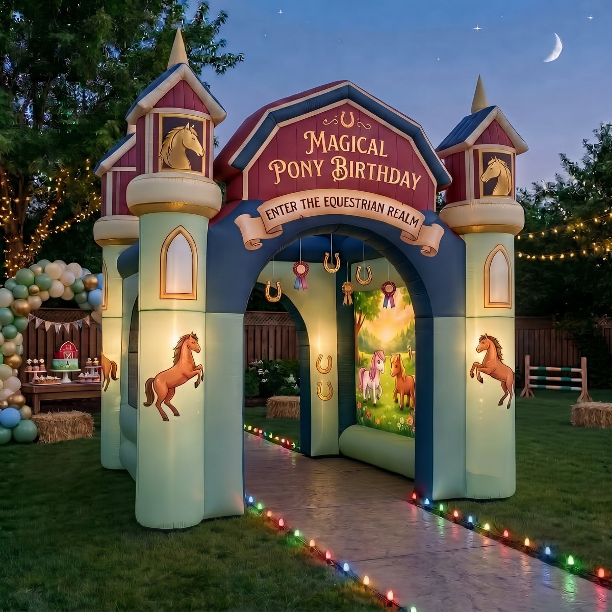 Equestrian Pony Horse Theme Premium 10' x 10' Birthday House Inflatable Blow Up Walk-Through Archway Experience Decor Prop