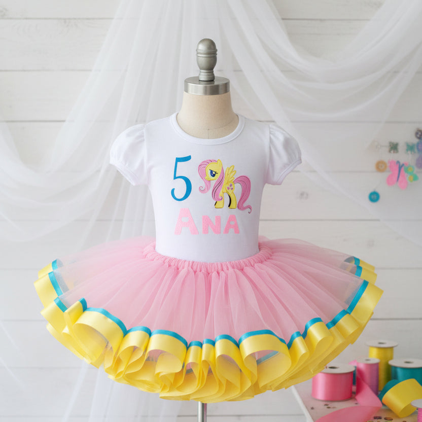 My Little Pony Fluttershy Pony Tutu Set Girls Personalized Custom Pink Yellow Blue Ribbon Sewn Trim Tutu Outfit Dress Theme Cake Smash Birthday Party