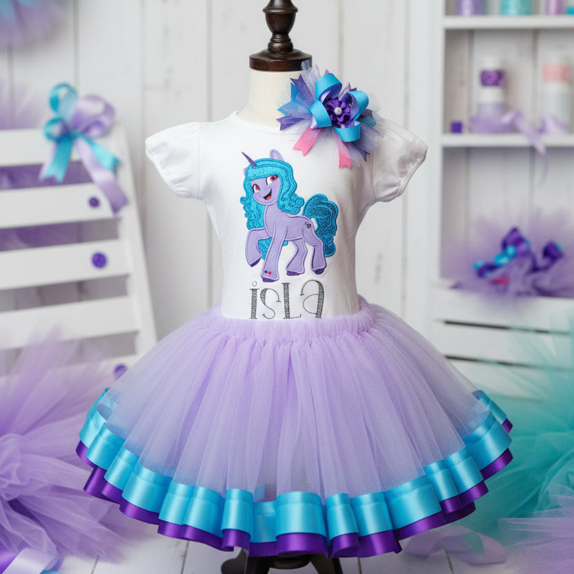 My Little Pony Izzy Unicorn Tutu Set Girls Personalized Custom Purple Blue Ribbon Sewn Trim Tutu Outfit Dress Theme Cake Smash Birthday Party