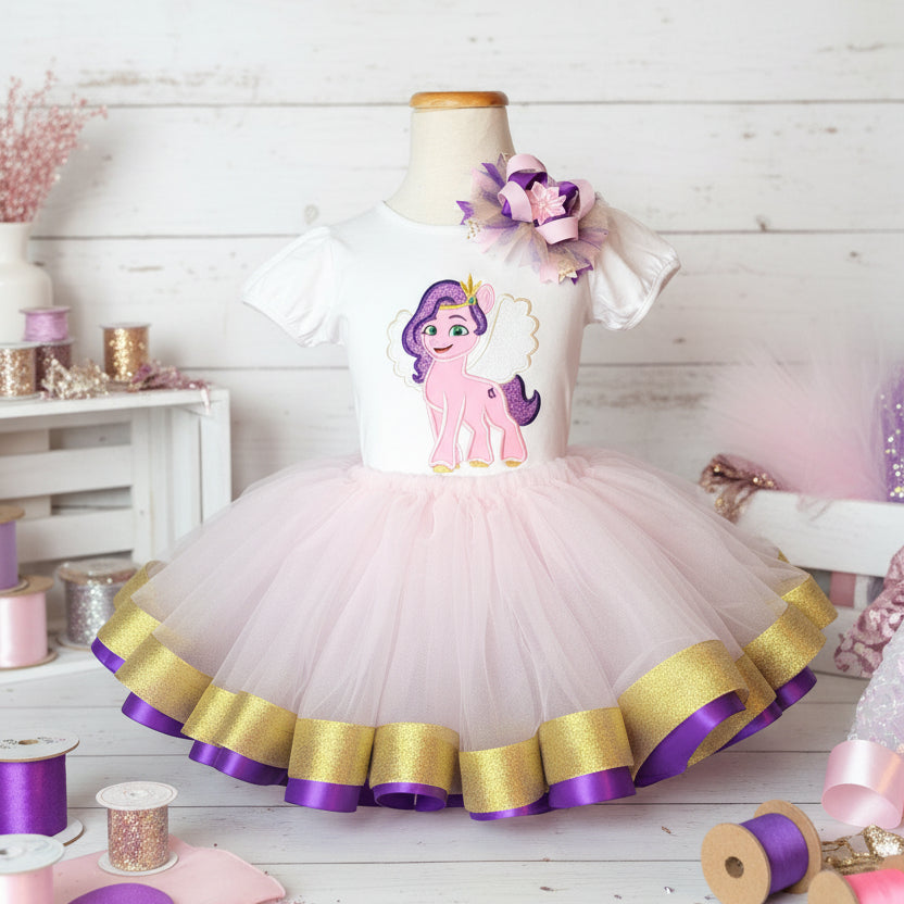 My Little Pony Pipp Pegasus Tutu Set Girls Personalized Custom Purple Gold Pink Ribbon Sewn Trim Tutu Outfit Dress Theme Cake Smash Birthday Party