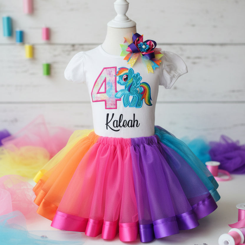 My Little Pony Rainbow Dash Tutu Set Girls Personalized Custom Rainbow Multicolor Ribbon Sewn Trim Tutu Outfit Dress Theme Cake Smash Birthday Party