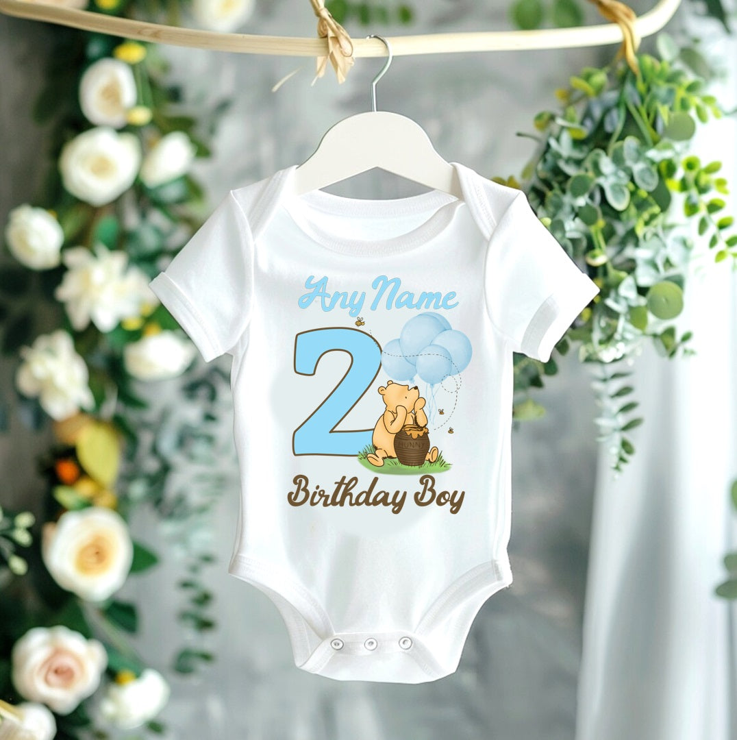 Winnie the Pooh Baby Boy Personalized Custom White T-Shirt or Onesie Theme Cake Smash Birthday Party