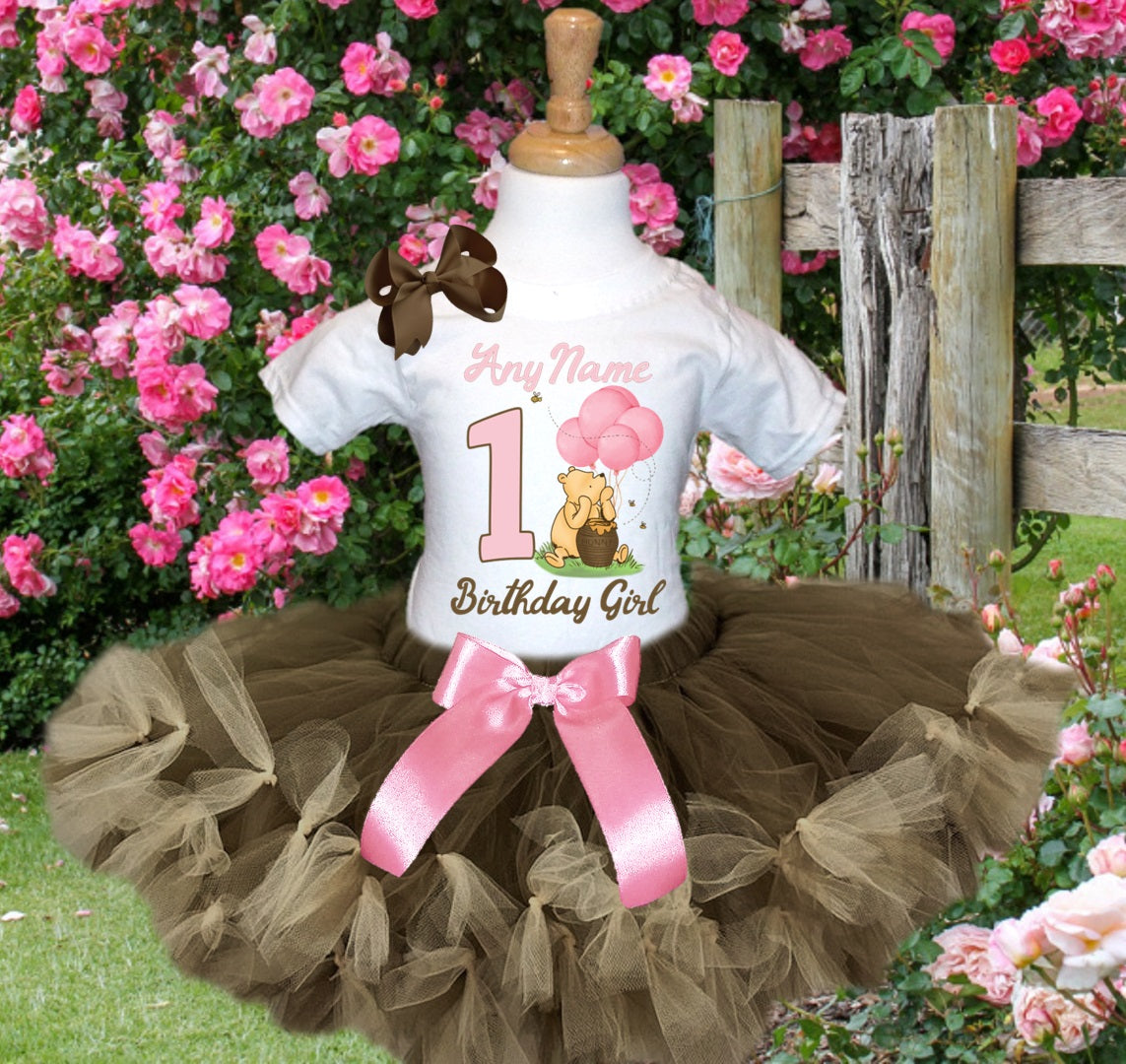 Winnie the Pooh Baby Girl Tutu Set Girls Personalized Custom Brown Ivory Knots Tutu Outfit Dress Theme Cake Smash Birthday Party