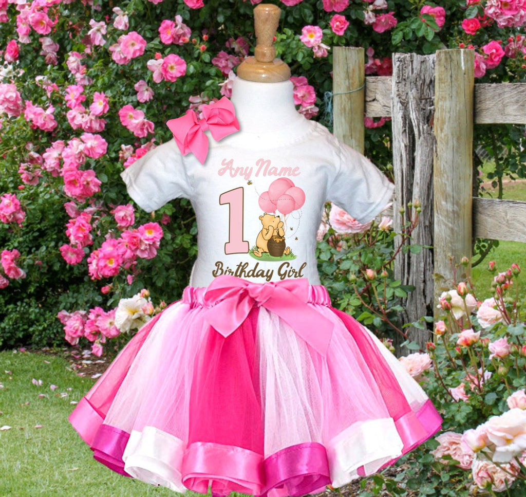 Winnie the Pooh Baby Girl Tutu Set Girls Personalized Custom Hot Pink White Pink Ribbon Tutu Outfit Dress Theme Cake Smash Birthday Party