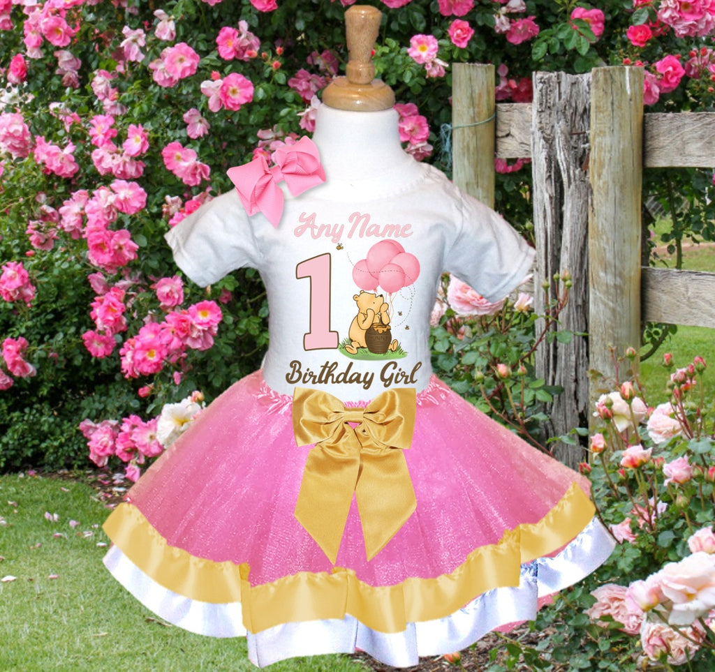 Winnie the Pooh Baby Girl Tutu Set Girls Personalized Custom Pink Gold White Ribbon Trim Tutu Outfit Dress Theme Cake Smash Birthday Party