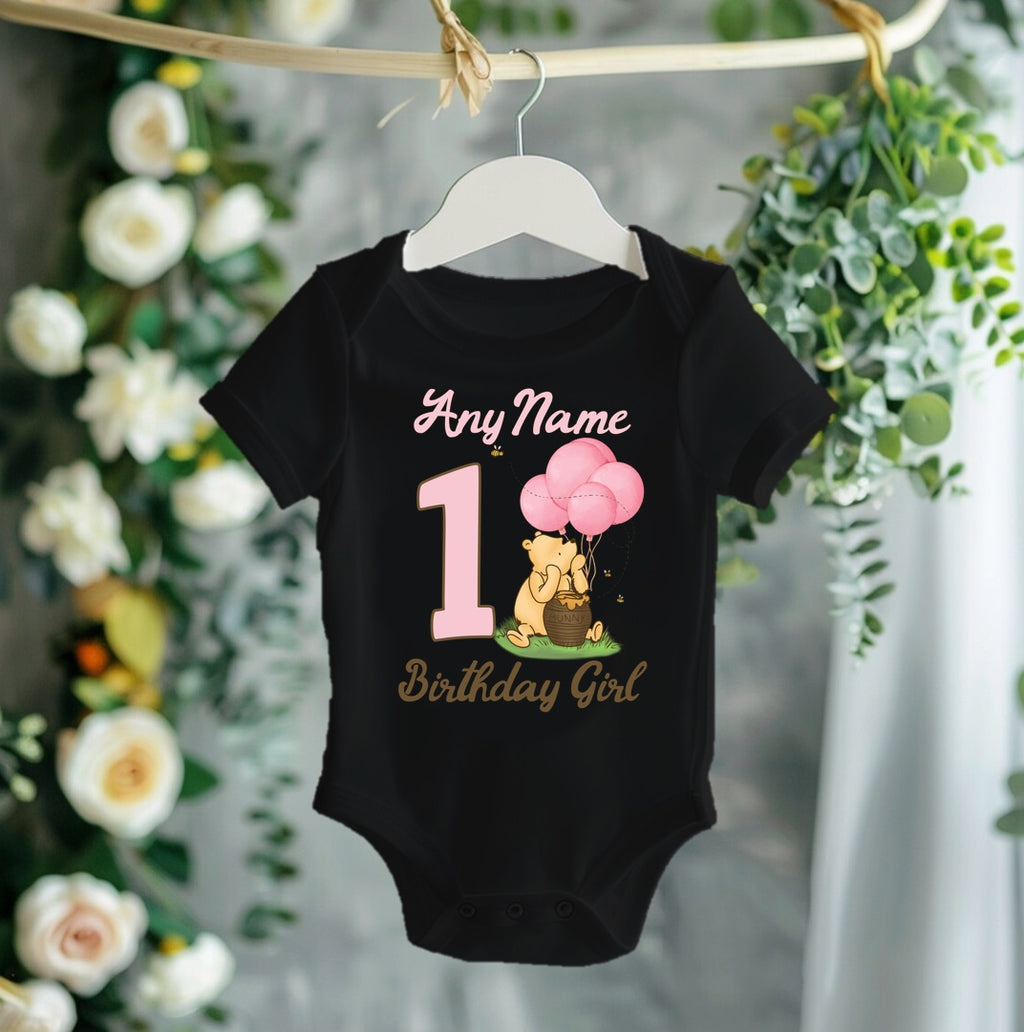 Winnie the Pooh Baby Girl Personalized Custom Black Family T-Shirt or Onesie Pack Theme Cake Smash Birthday Party