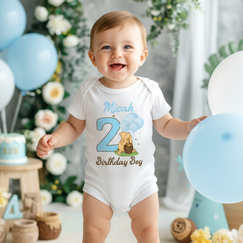 Winnie the Pooh Baby Boy Personalized Custom White T-Shirt or Onesie Theme Cake Smash Birthday Party