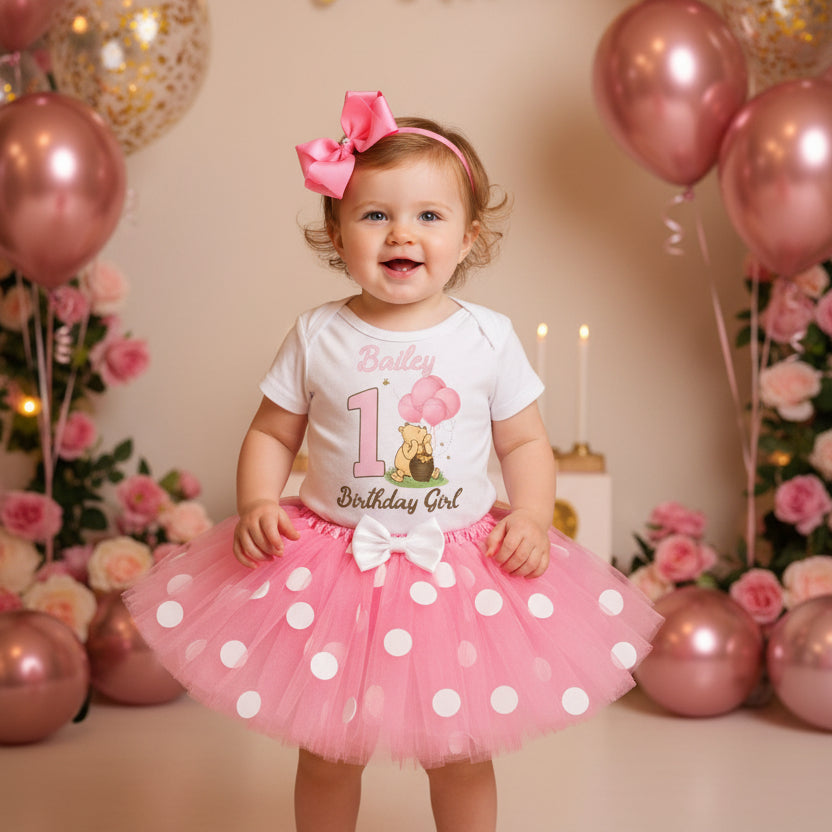 Winnie the Pooh Baby Girl Tutu Set Girls Personalized Custom Pink White Polka Dots Tutu Outfit Dress Theme Cake Smash Birthday Party