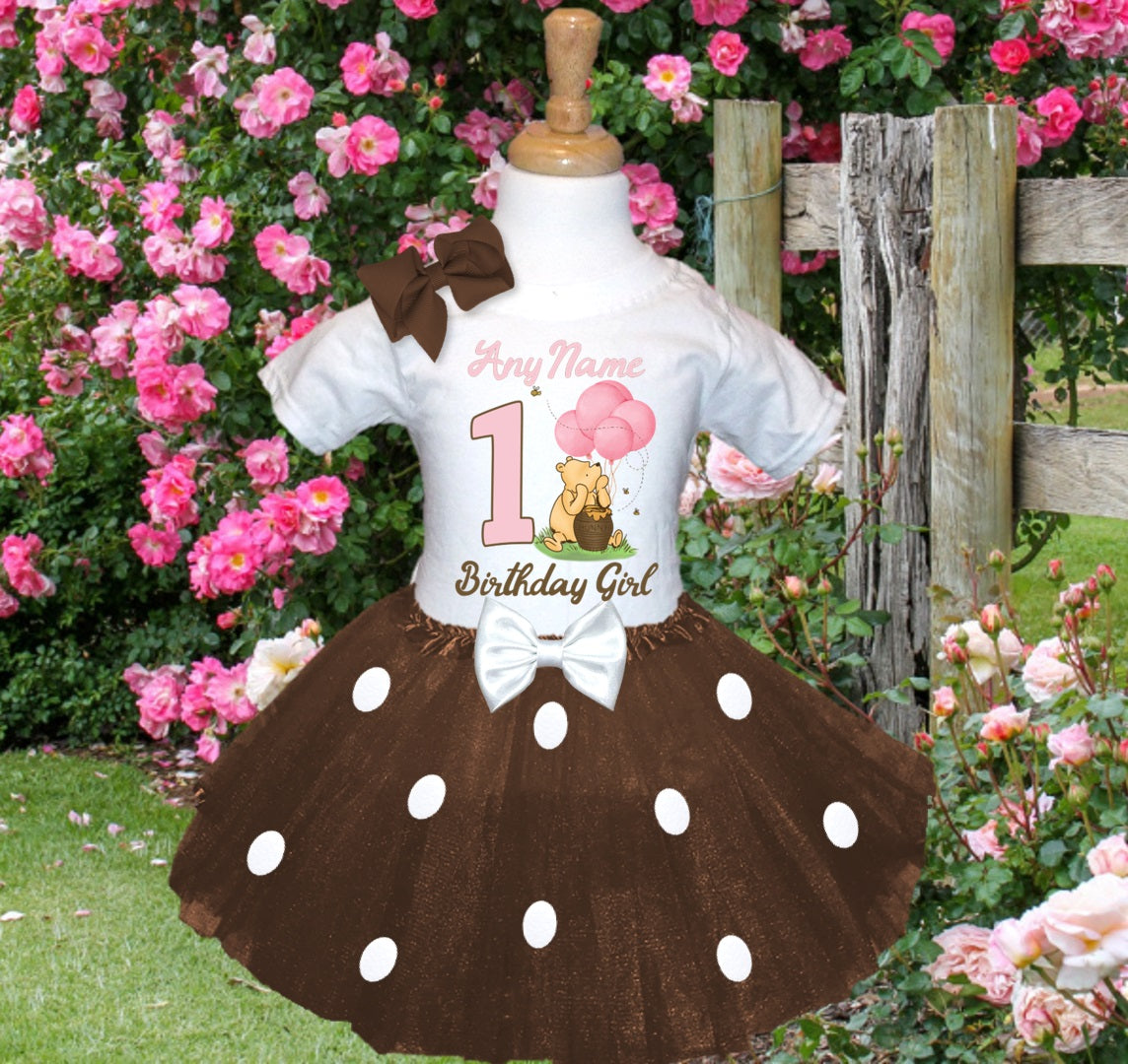 Winnie the Pooh Baby Girl Tutu Set Girls Personalized Custom Brown White Polka Dots Tutu Outfit Dress Theme Cake Smash Birthday Party