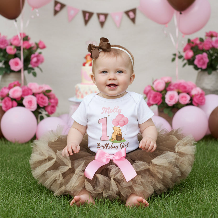Winnie the Pooh Baby Girl Tutu Set Girls Personalized Custom Brown Ivory Knots Tutu Outfit Dress Theme Cake Smash Birthday Party