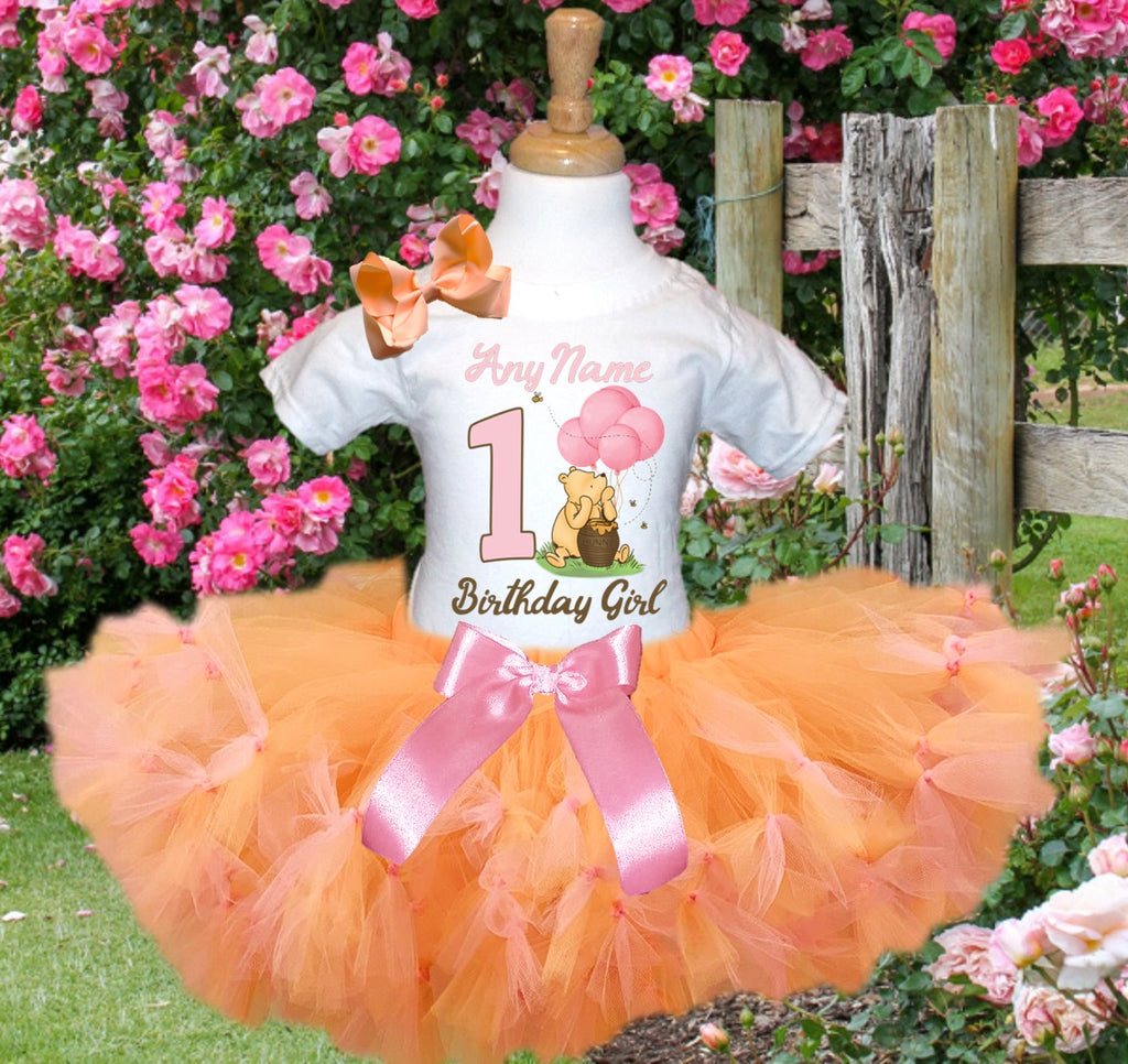 Winnie the Pooh Baby Girl Tutu Set Girls Personalized Custom Orange Soft Pink Knots Tutu Outfit Dress Theme Cake Smash Birthday Party