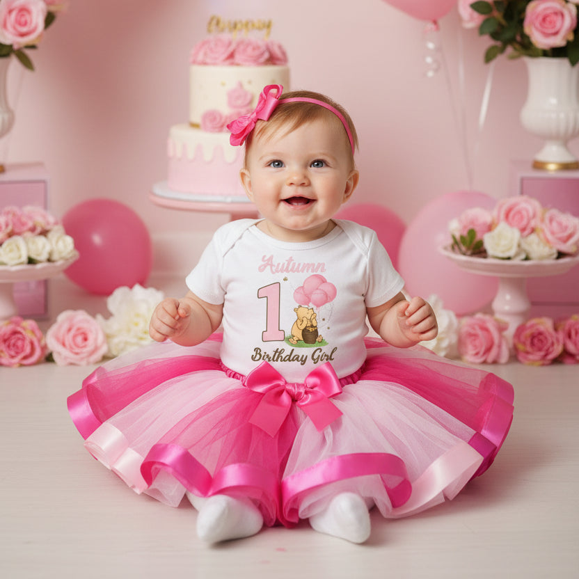 Winnie the Pooh Baby Girl Tutu Set Girls Personalized Custom Hot Pink White Pink Ribbon Tutu Outfit Dress Theme Cake Smash Birthday Party