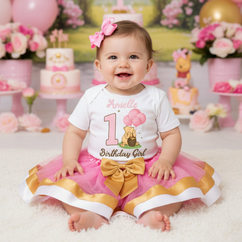 Winnie the Pooh Baby Girl Tutu Set Girls Personalized Custom Pink Gold White Ribbon Trim Tutu Outfit Dress Theme Cake Smash Birthday Party