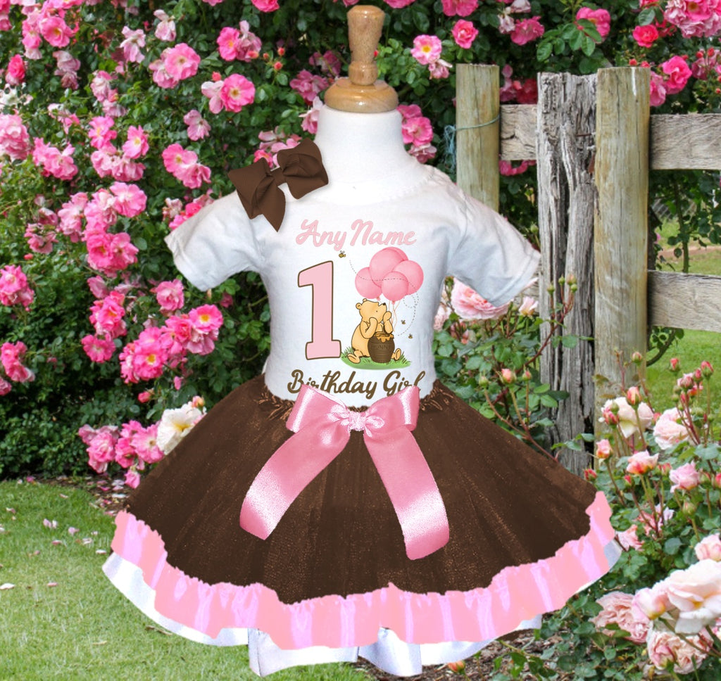 Winnie the Pooh Baby Girl Tutu Set Girls Personalized Custom Brown Pink White Ribbon Trim Tutu Outfit Dress Theme Cake Smash Birthday Party