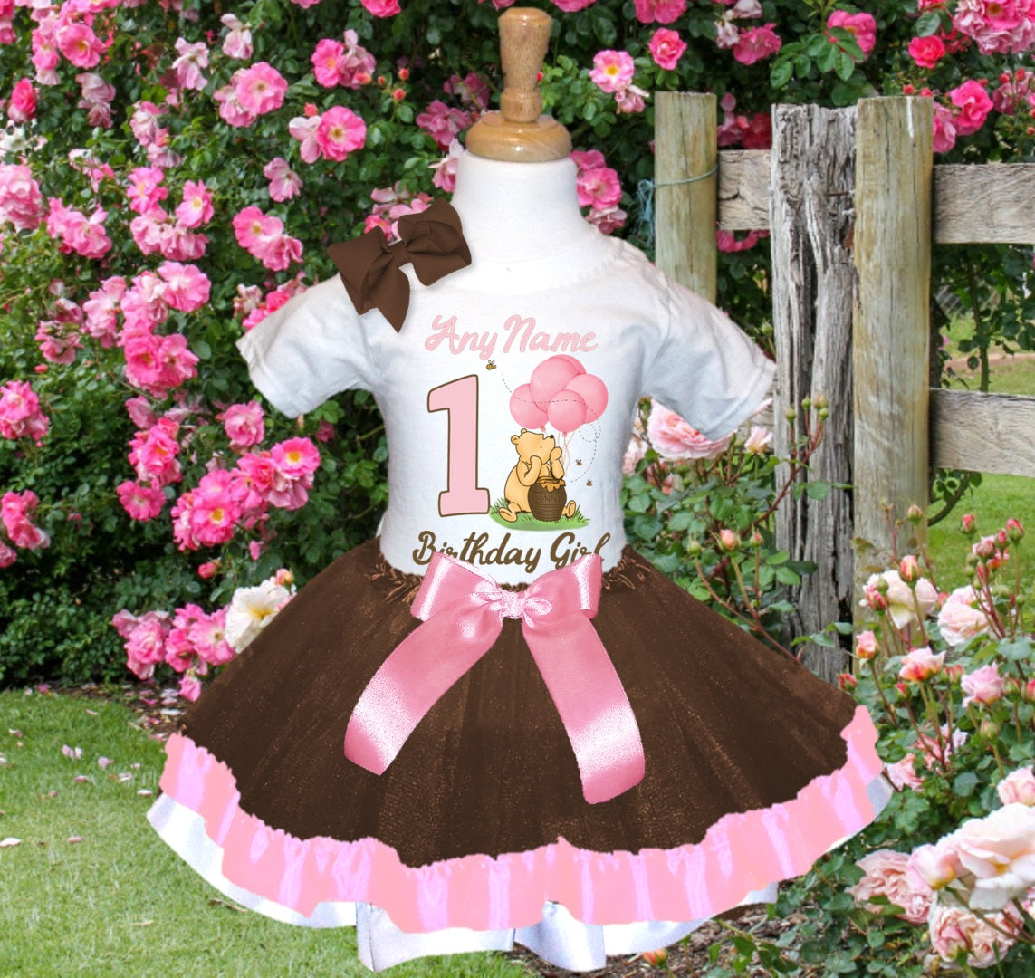 Winnie the Pooh Baby Girl Tutu Set Girls Personalized Custom Brown Pink White Ribbon Trim Tutu Outfit Dress Theme Cake Smash Birthday Party
