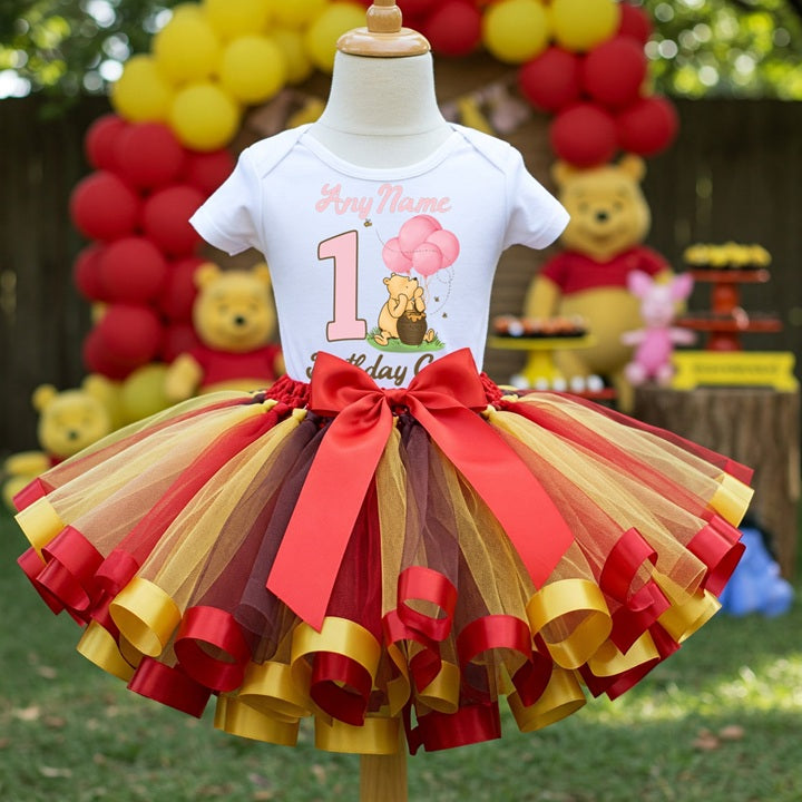 Winnie The Pooh Baby Girl Tutu Set Girls Personalized Custom Red Gold Brown Ribbon Sewn Trim Tutu Outfit Dress Theme Cake Smash Birthday Party